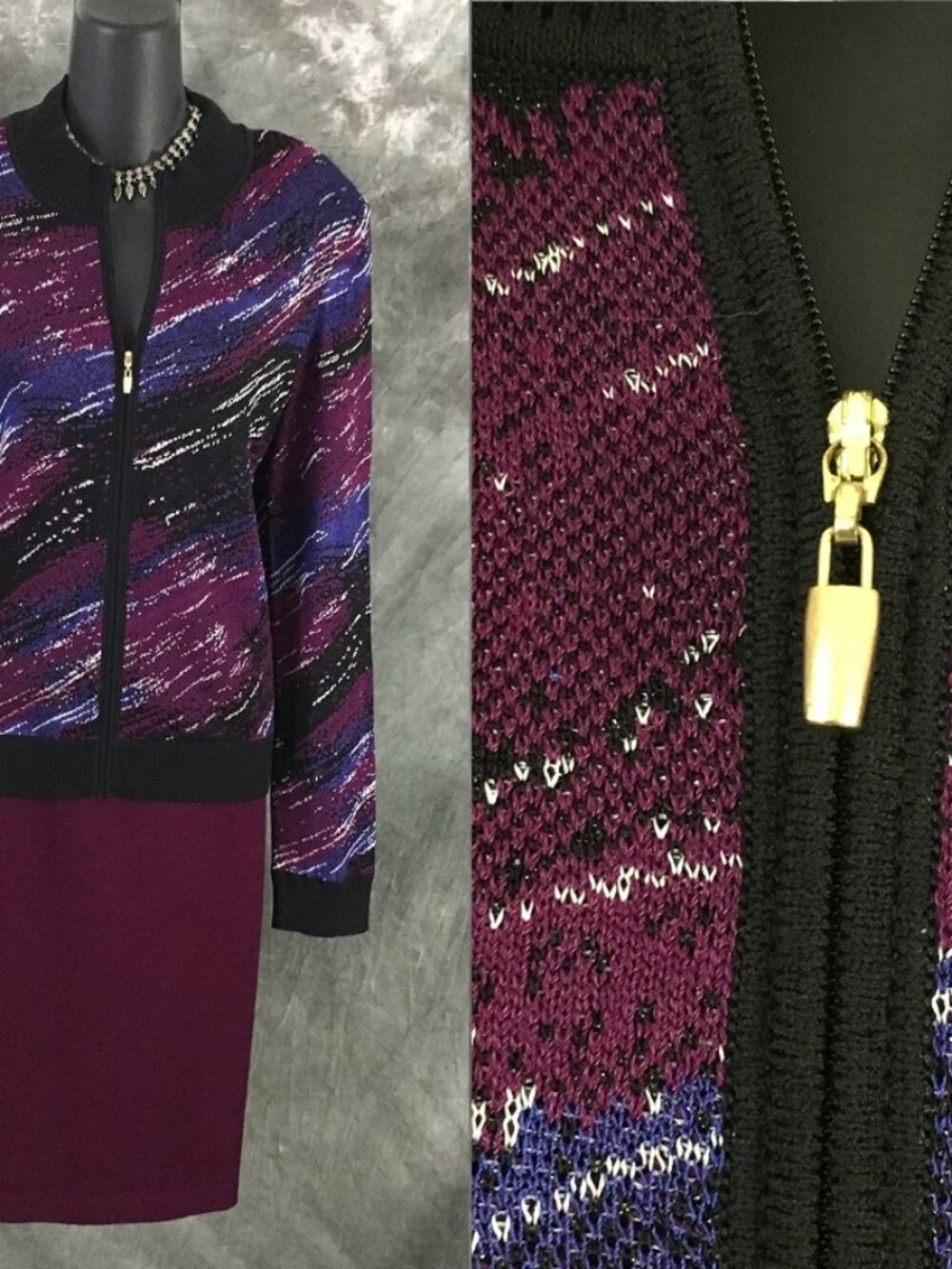 BEAUTIFUL St John knit purple multi jacket skirt suit size M 8